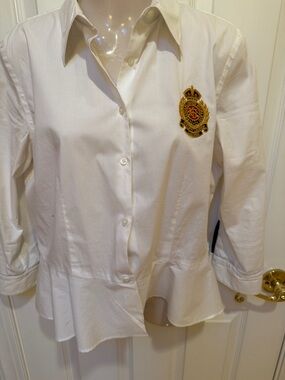 Ralph Lauren 3/4 sleeve White Button-Up Shirt with Embroidered Crest